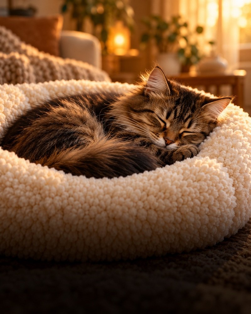 Tabby cat sleeping in a plush cream pet bed in warm evening light.