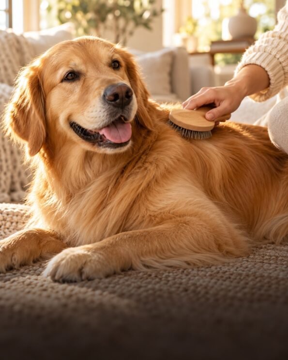 Golden retriever enjoying a gentle brushing with a wooden brush.
